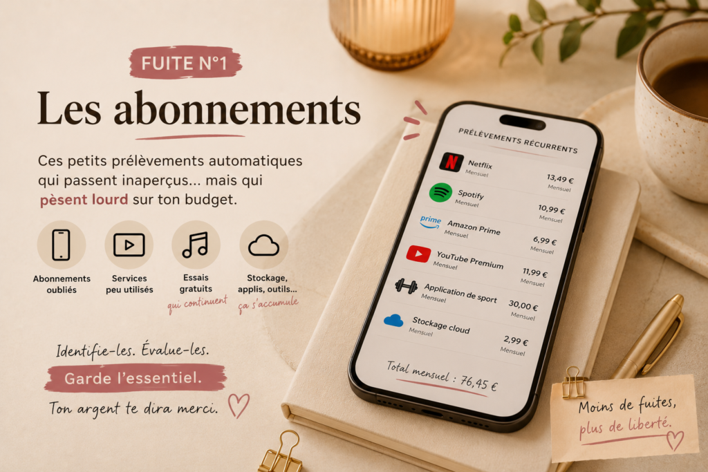 Smartphone affichant plusieurs abonnements mensuels sur fond beige, illustrant les prélèvements automatiques qui peuvent devenir des fuites budgétaires.