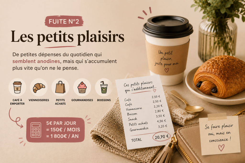 Café à emporter, viennoiserie et ticket de caisse illustrant l'accumulation des petits plaisirs du quotidien sur un budget
