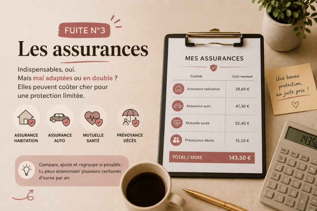 Contrats d'assurance et calculatrice illustrant l'importance de comparer ses assurances pour éviter les fuites budgétaires.