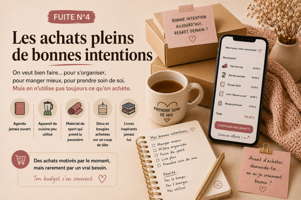 Colis, carnet et achats du quotidien illustrant des objets achetés avec de bonnes intentions mais rarement utilisés.