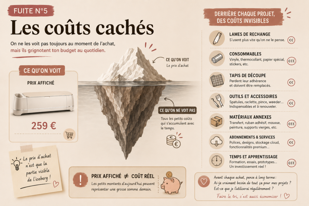 Infographie représentant les coûts cachés d'une machine de loisirs créatifs à l'aide d'un iceberg, illustrant la différence de prix affiché et les dépenses réelles à long terme.
