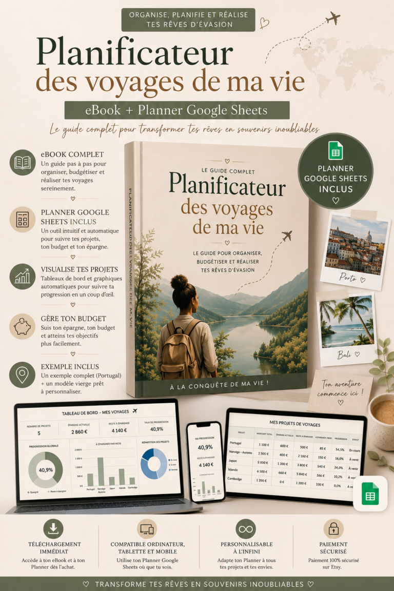 ebook "Planificateur des voyages de ma vie" + planner Google Sheets "À la conquête de mes voyages"